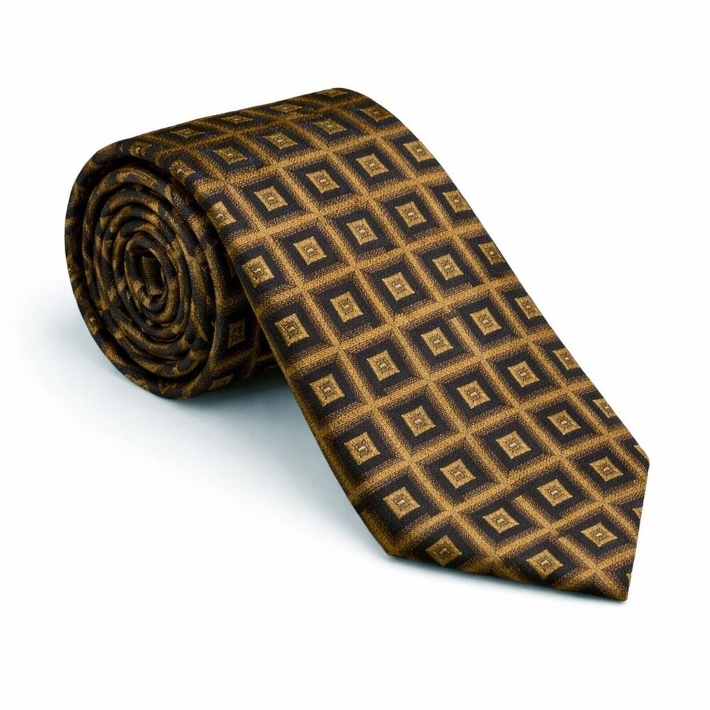 New Men's Classic Neck Tie Rich Brown Black Geometric Check - Regular Length